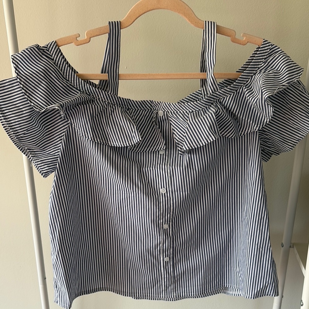 Elodie Blue and White Ruffled Short Sleeve Off-Shoulder Blouse